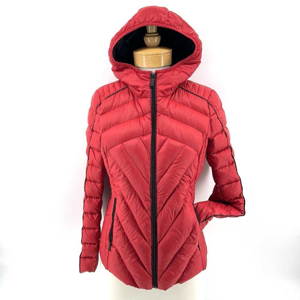 BCBGeneration Women XS Puffer Jacket Red Down Hooded Packable Lightweight Fitted